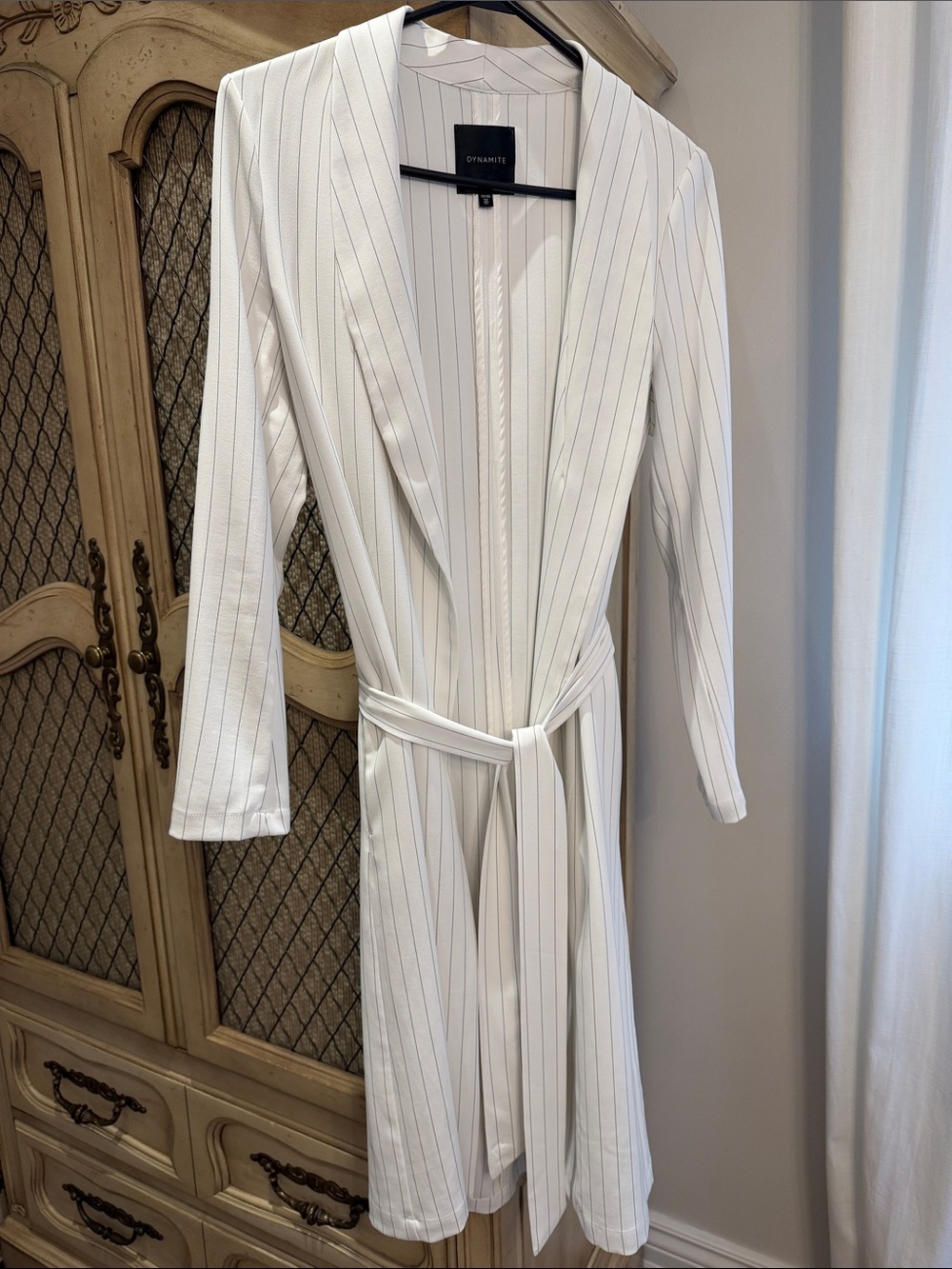 Dynamite White Pinstripe Tie-Waist overcoat/blazer